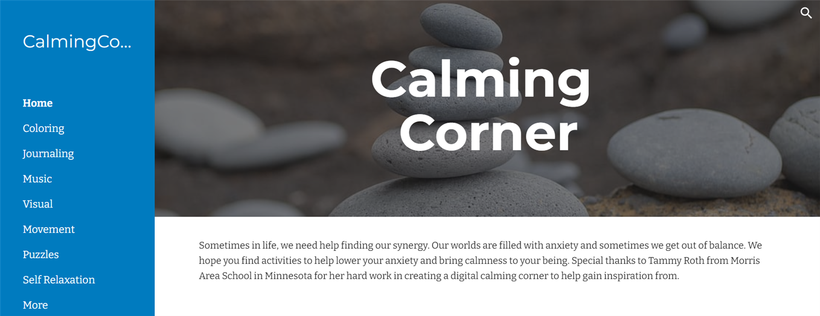 Calming Corner Screenshot Homepage